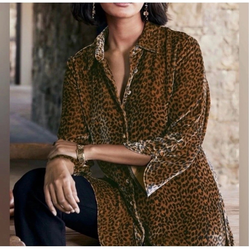Soft Surroundings Leopard Print Velvet Tunic Button Down Shirt XL Brown Black‎